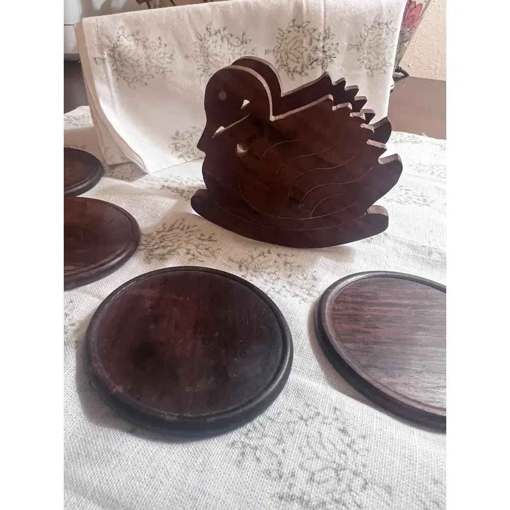 Vintage Wood Coaster set with Hand Crafted Rocking Swan Caddy in Good Condition